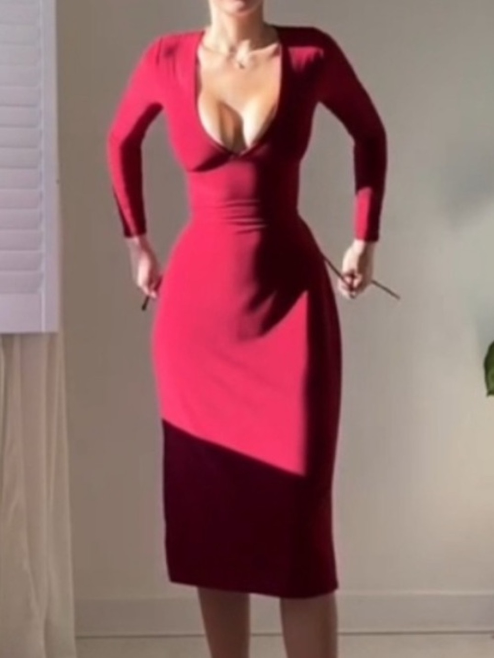 AYM Taylor Tea Midi Dress Long Sleeve Wine Red Medium